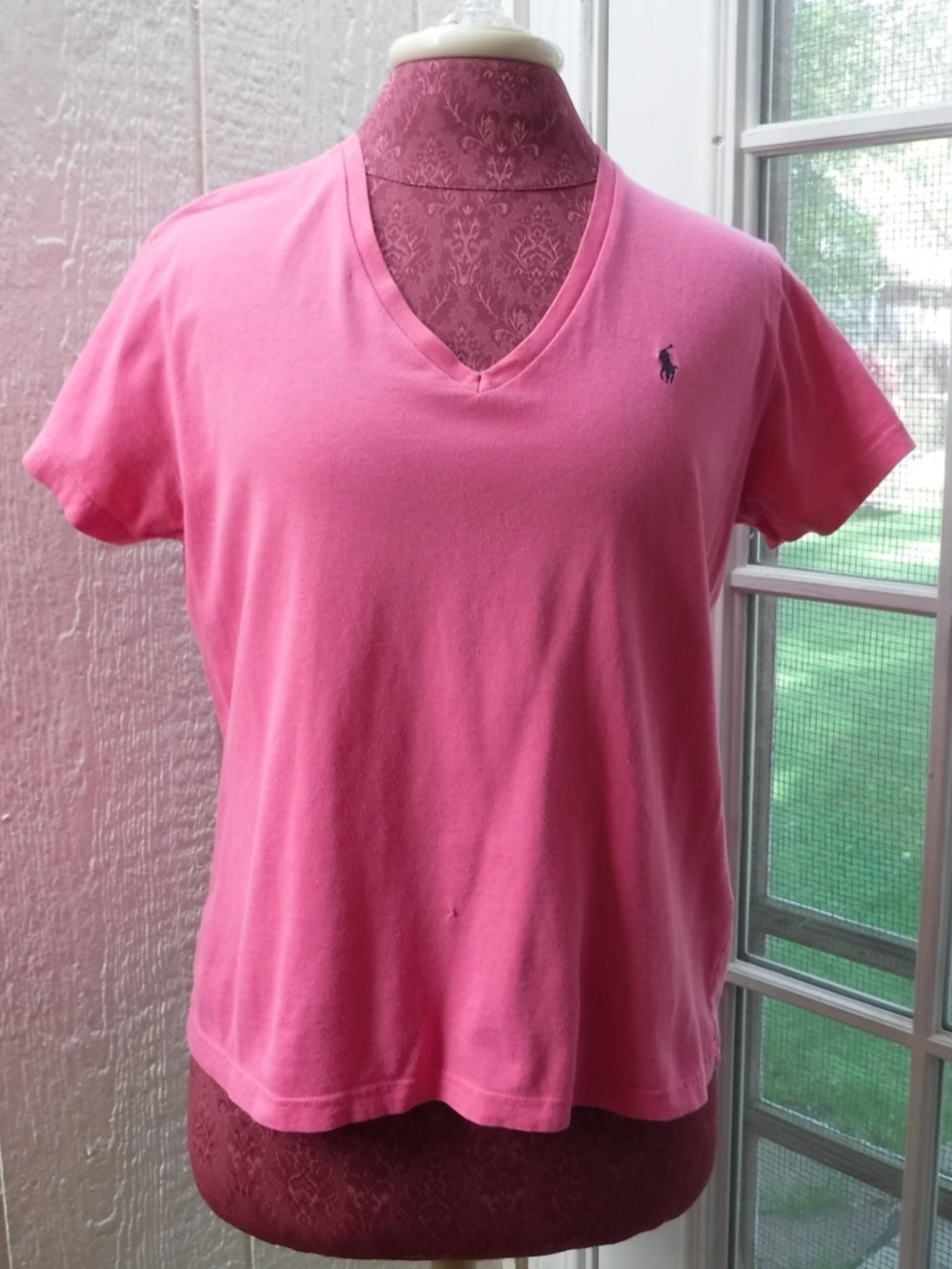 Ralph Lauren Sport Blue Pony on Hot Pink Short Sleeve V-Neck Shirt
